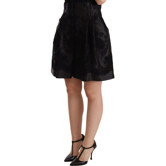 Elegant Black Floral Brocade Silk Shorts