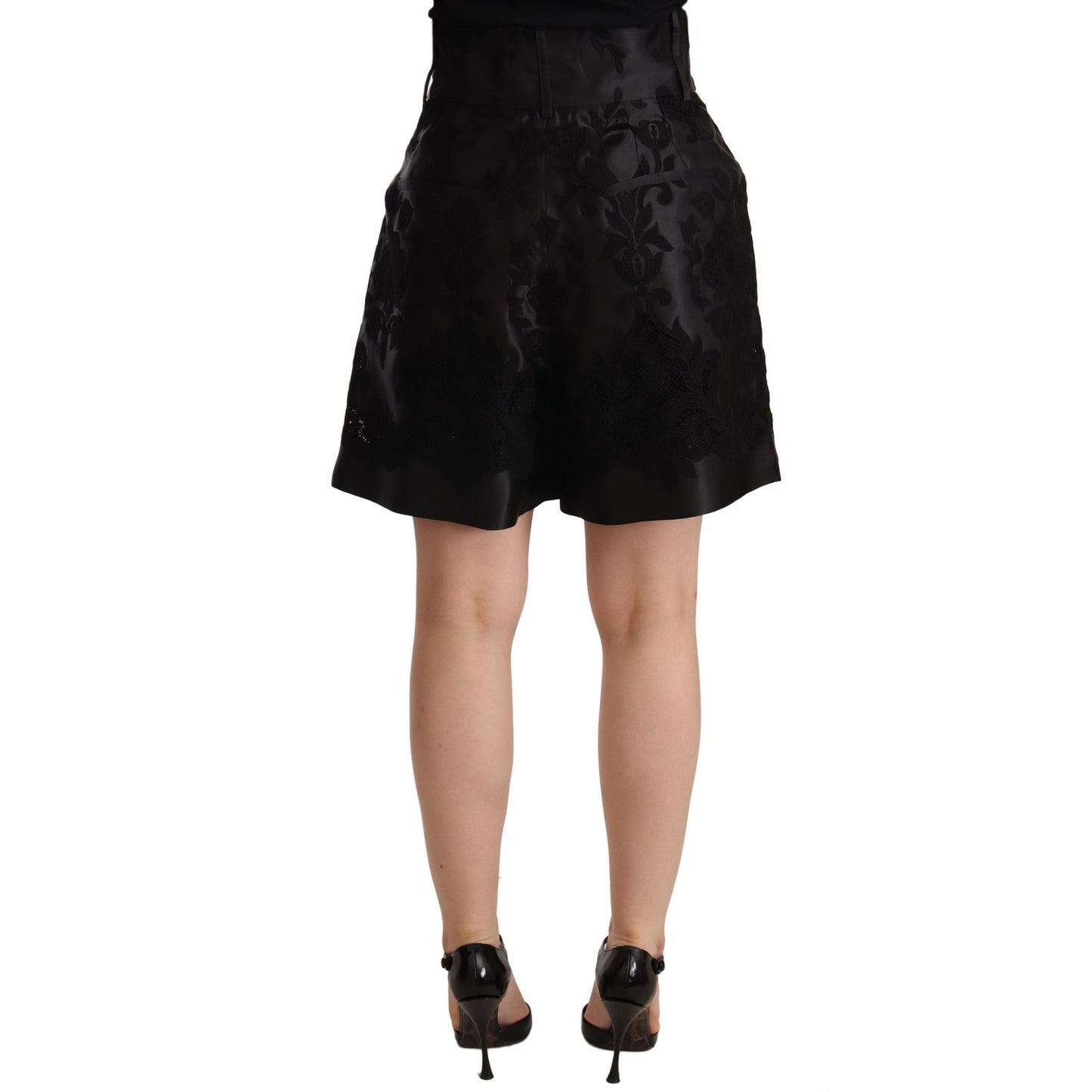 Elegant Black Floral Brocade Silk Shorts