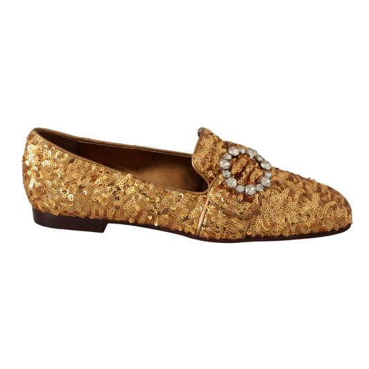 Dolce & Gabbana Gold Sequin Crystal Flat Women Loafers Shoes Dolce & Gabbana