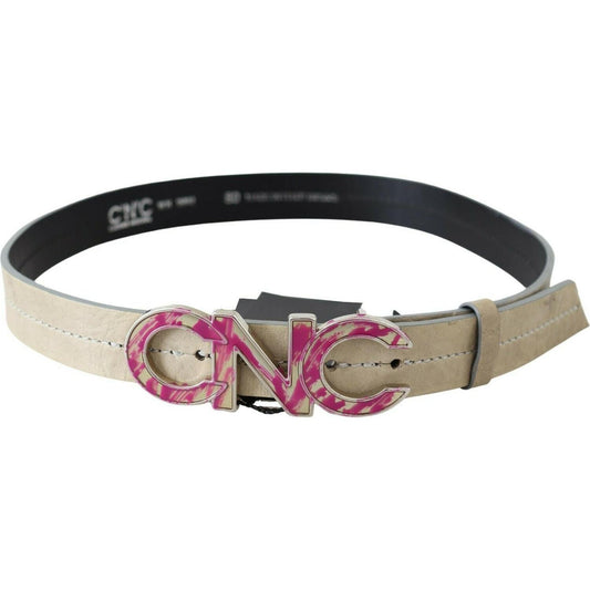 Beige Leather Fashion Belt with Logo Detail