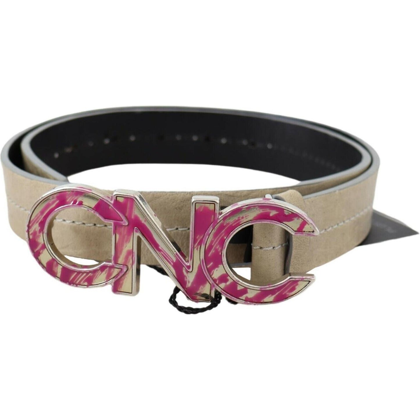 Beige Leather Fashion Belt with Logo Detail