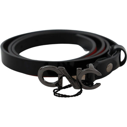 Costume National Black Skinny Leather Logo Buckle Belt