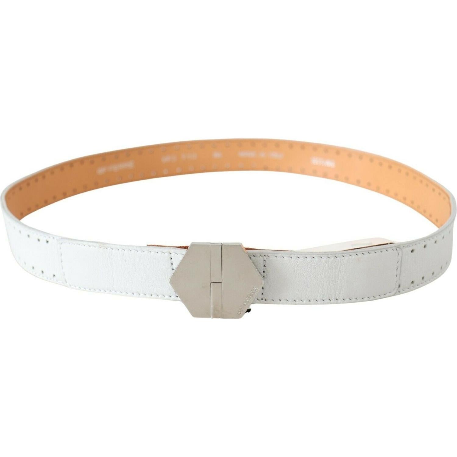 GF Ferre White Leather Hexagon Logo Buckle Waist Belt