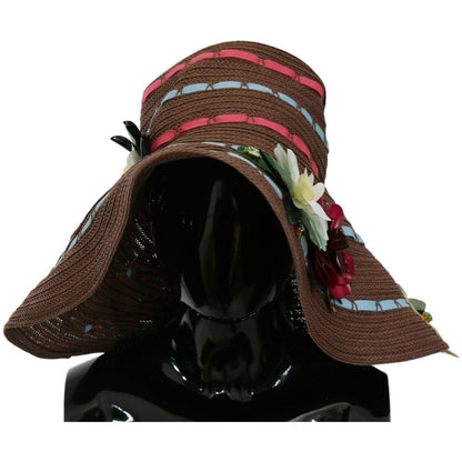Dolce & Gabbana Brown Knitted Straw Floral Hat WOMAN HATS