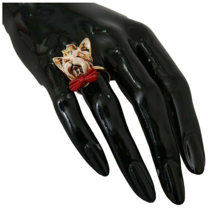 Dolce & Gabbana Gold Brass Resin Beige Dog Pet Branded Accessory Ring