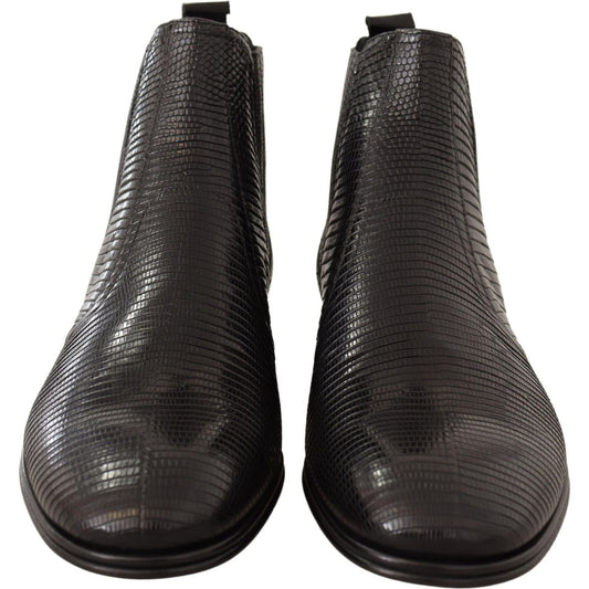 Elegant Black Leather Lizard Skin Derby Boots