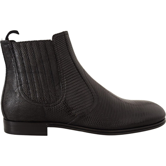 Elegant Black Leather Lizard Skin Derby Boots