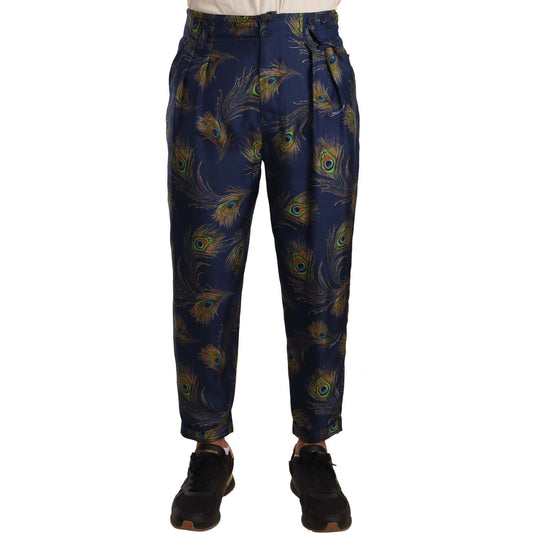 Exquisite Peacock Print Silk Trousers