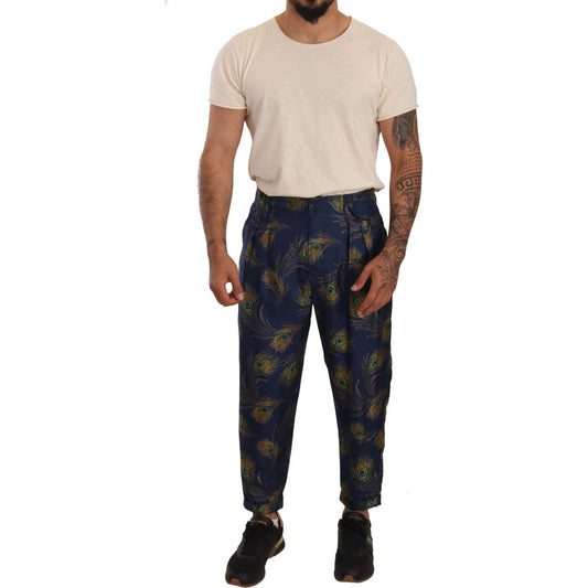 Dolce & Gabbana Blue Peacock Print Tapered Trousers Silk Pants Dolce & Gabbana
