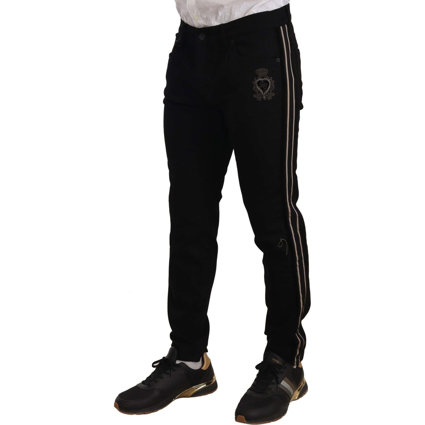 Heraldic Embroidered Slim Fit Black Jeans