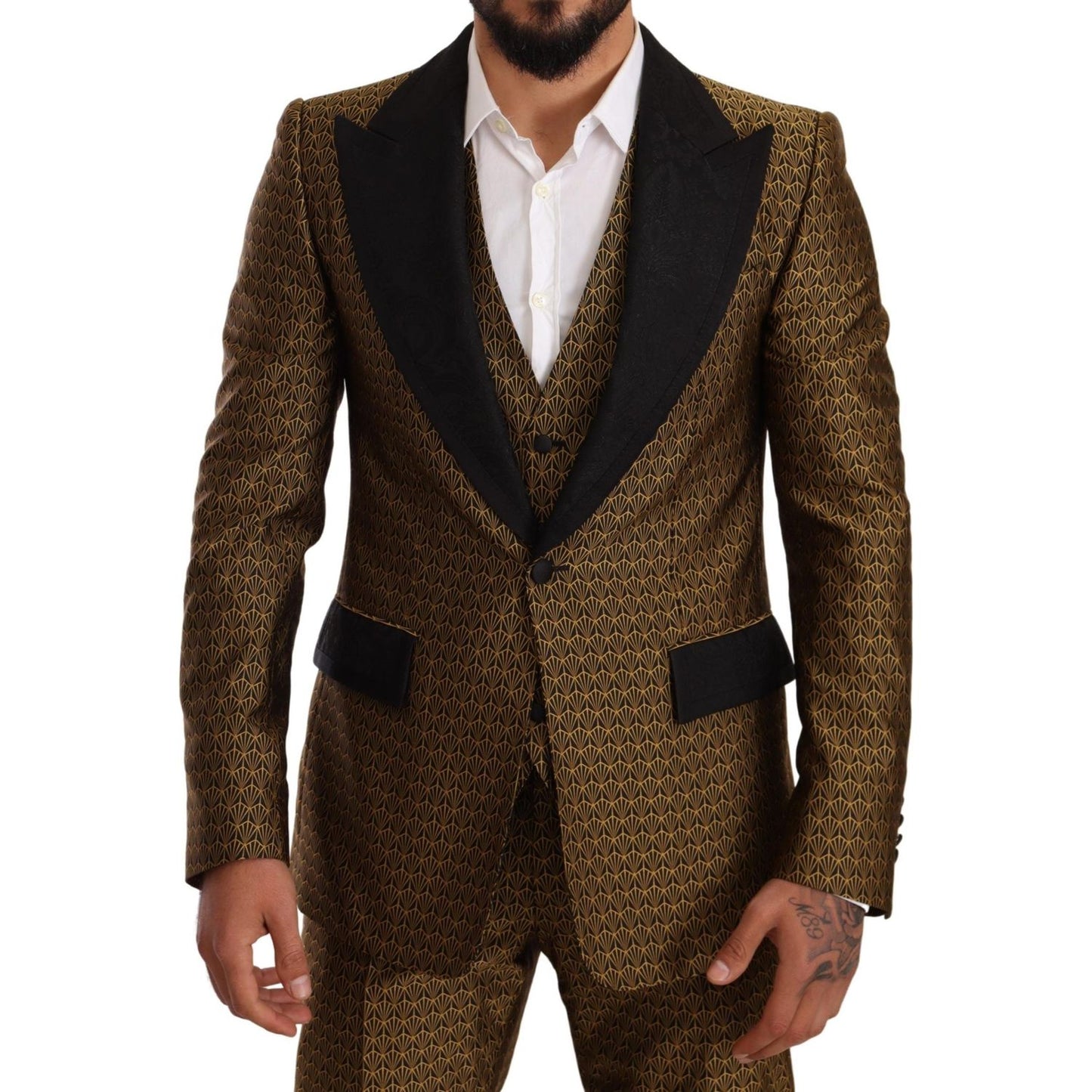 Elegant Yellow Patterned Three-Piece Suit