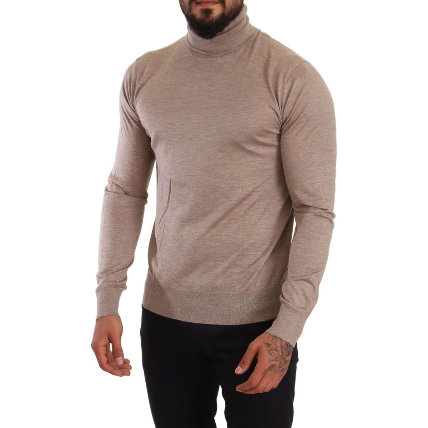 Beige Turtleneck Cashmere-Silk Blend Sweater