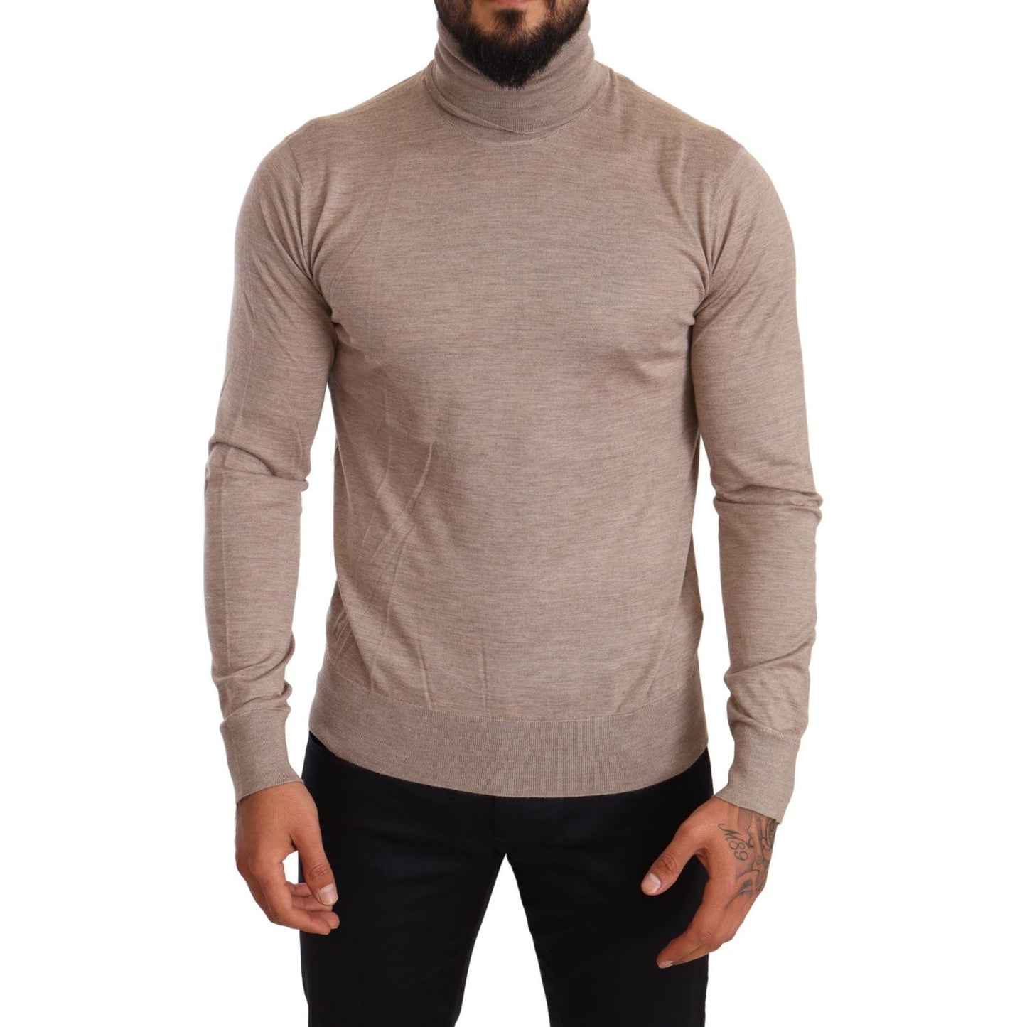 Beige Turtleneck Cashmere-Silk Blend Sweater