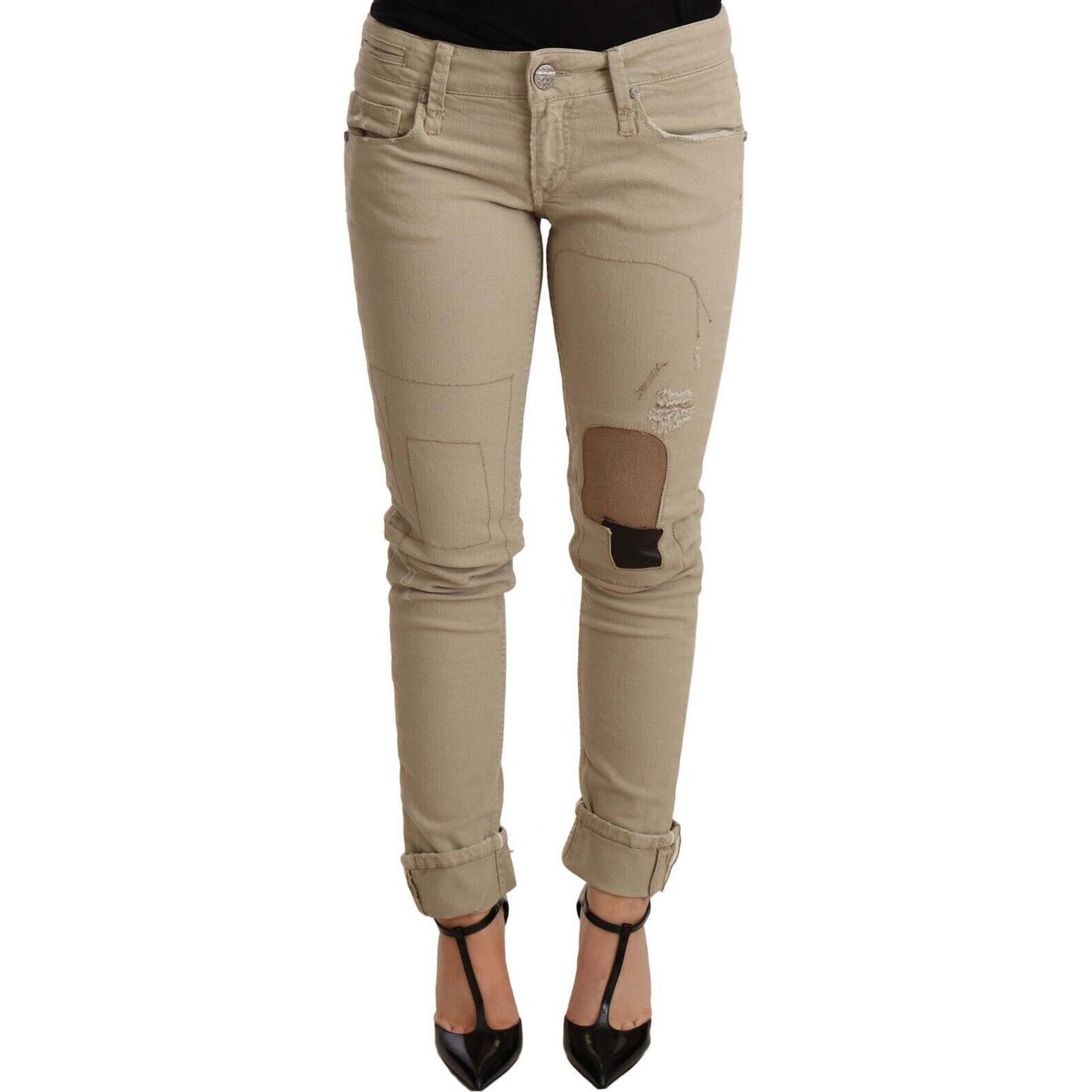 Beige Cotton Slim Fit Chic Jeans