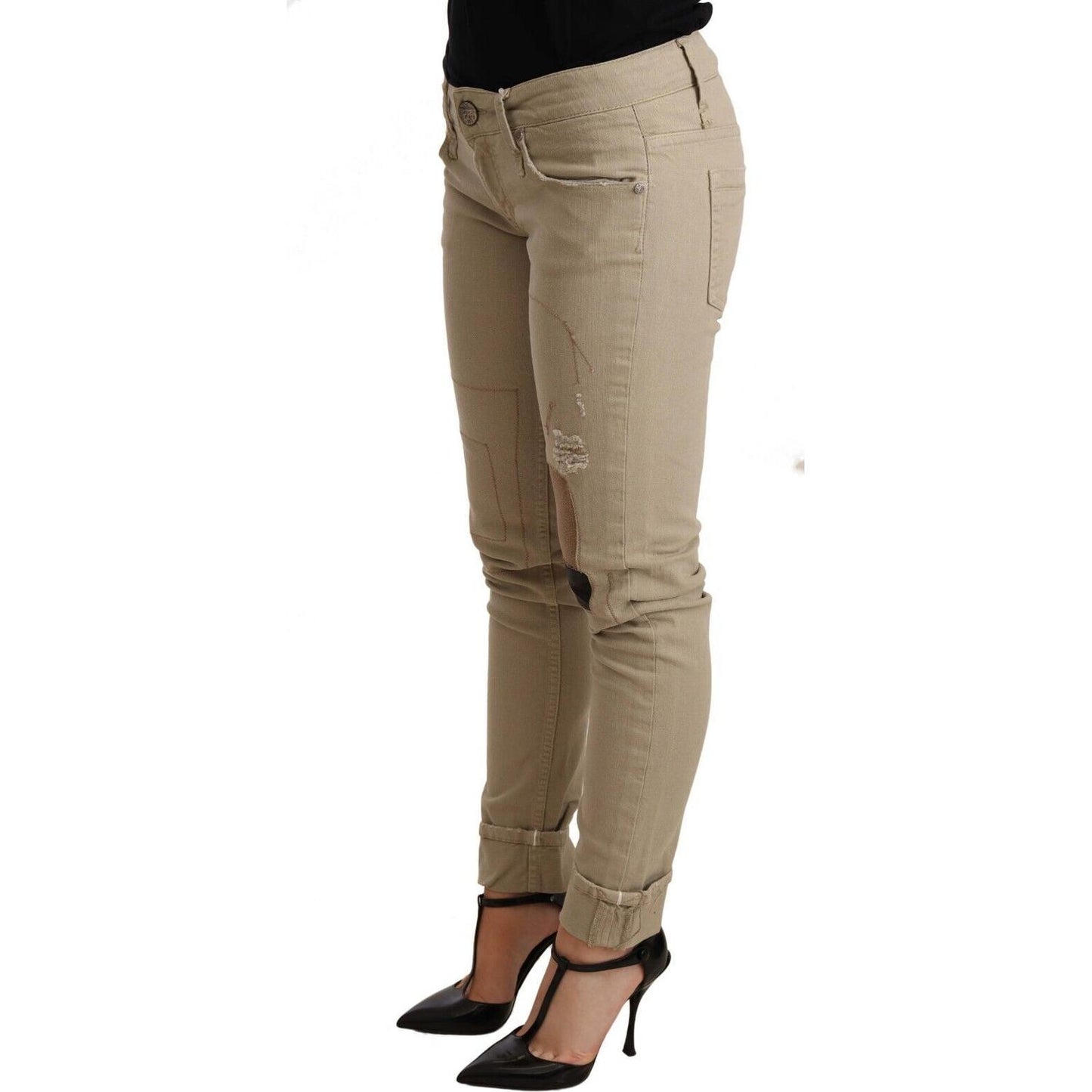 Beige Cotton Slim Fit Chic Jeans