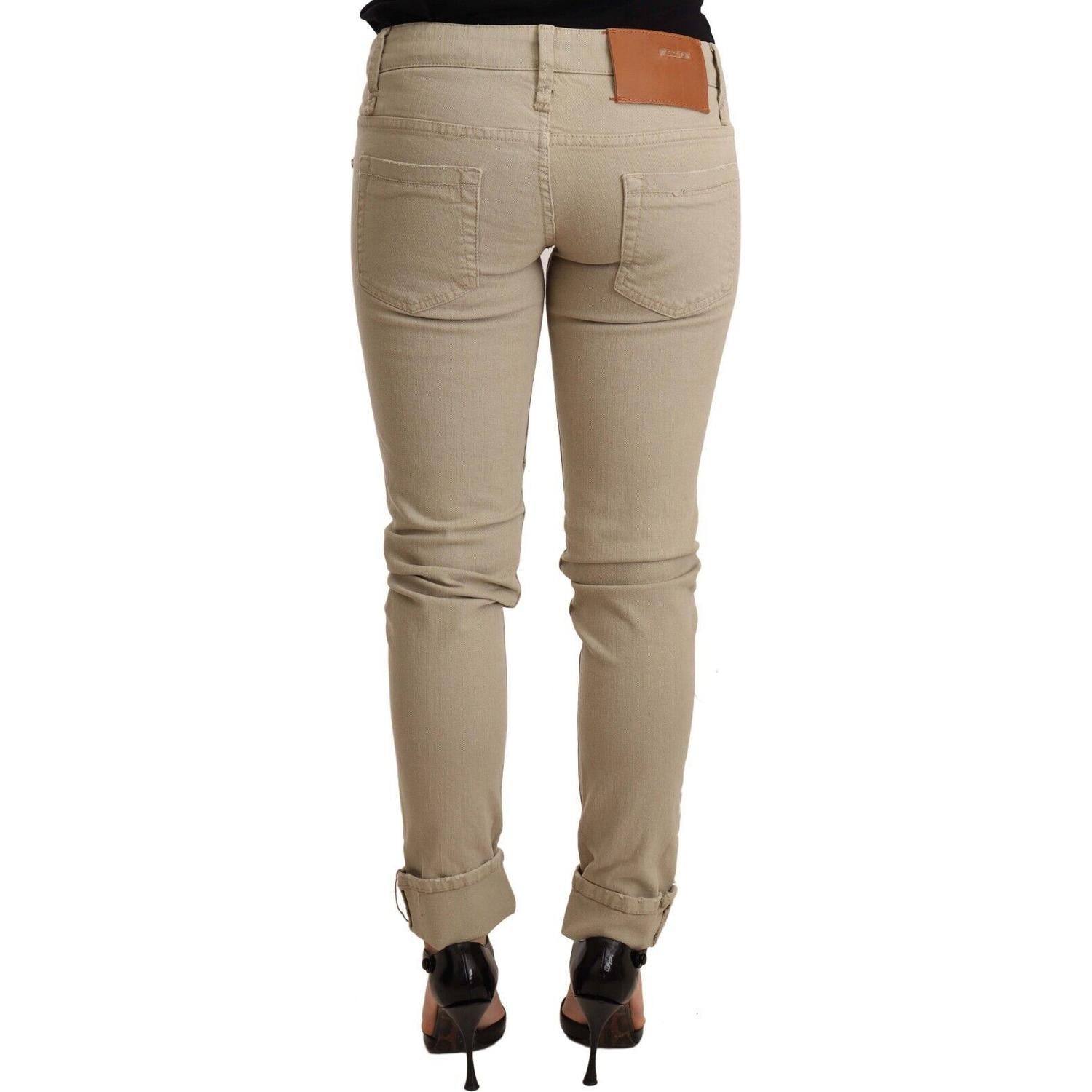 Acht Beige Denim Cotton Bottom Slim Fit Folded Pant