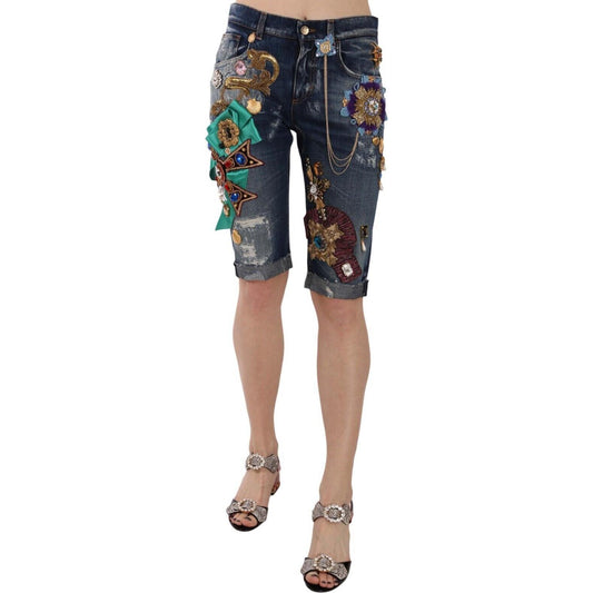 Elegant Knee-Length Embellished Denim Shorts