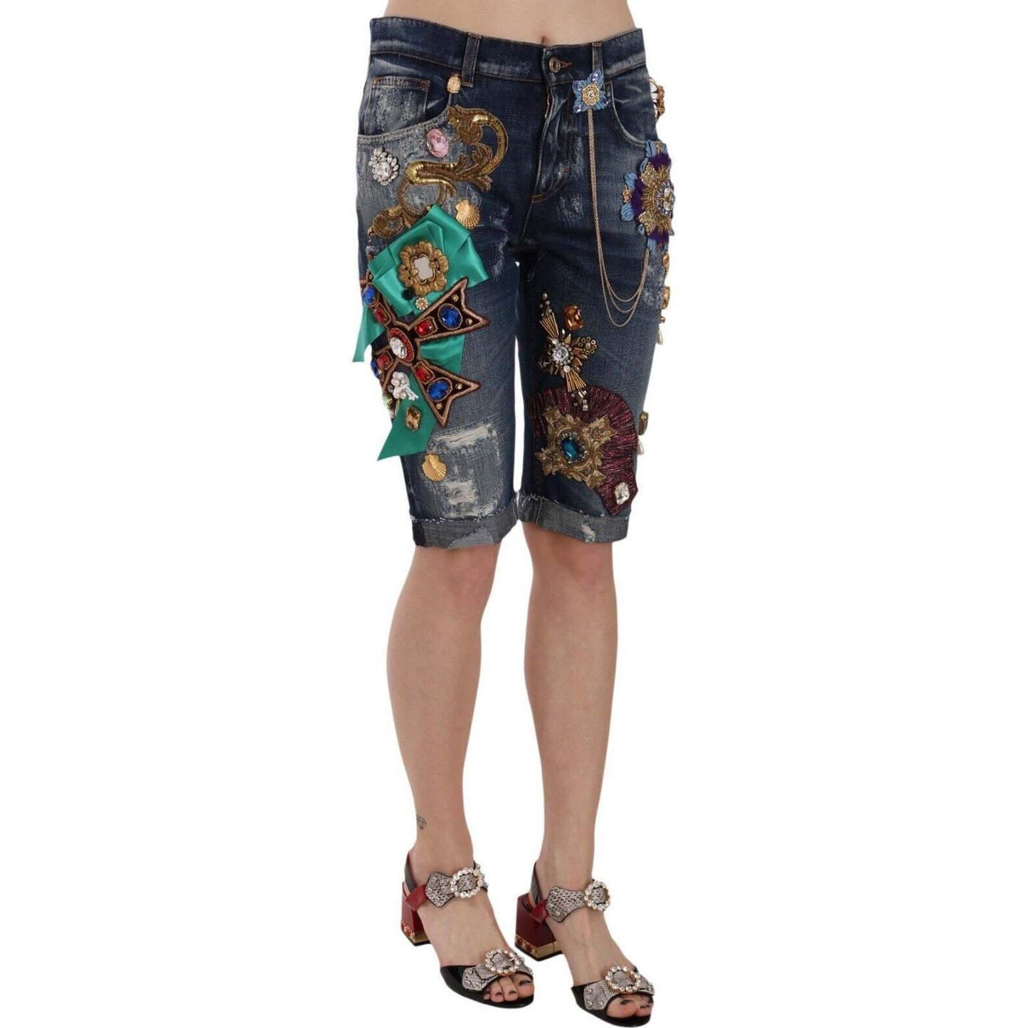 Elegant Knee-Length Embellished Denim Shorts