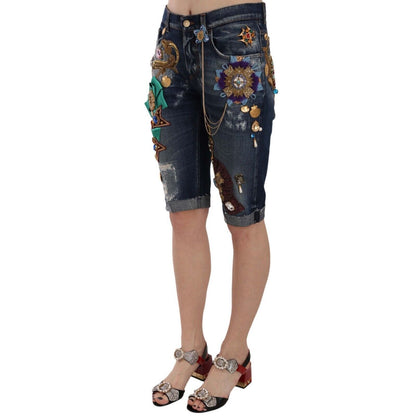 Dolce & Gabbana Blue Denim Mid Waist Crystal Capri Shorts