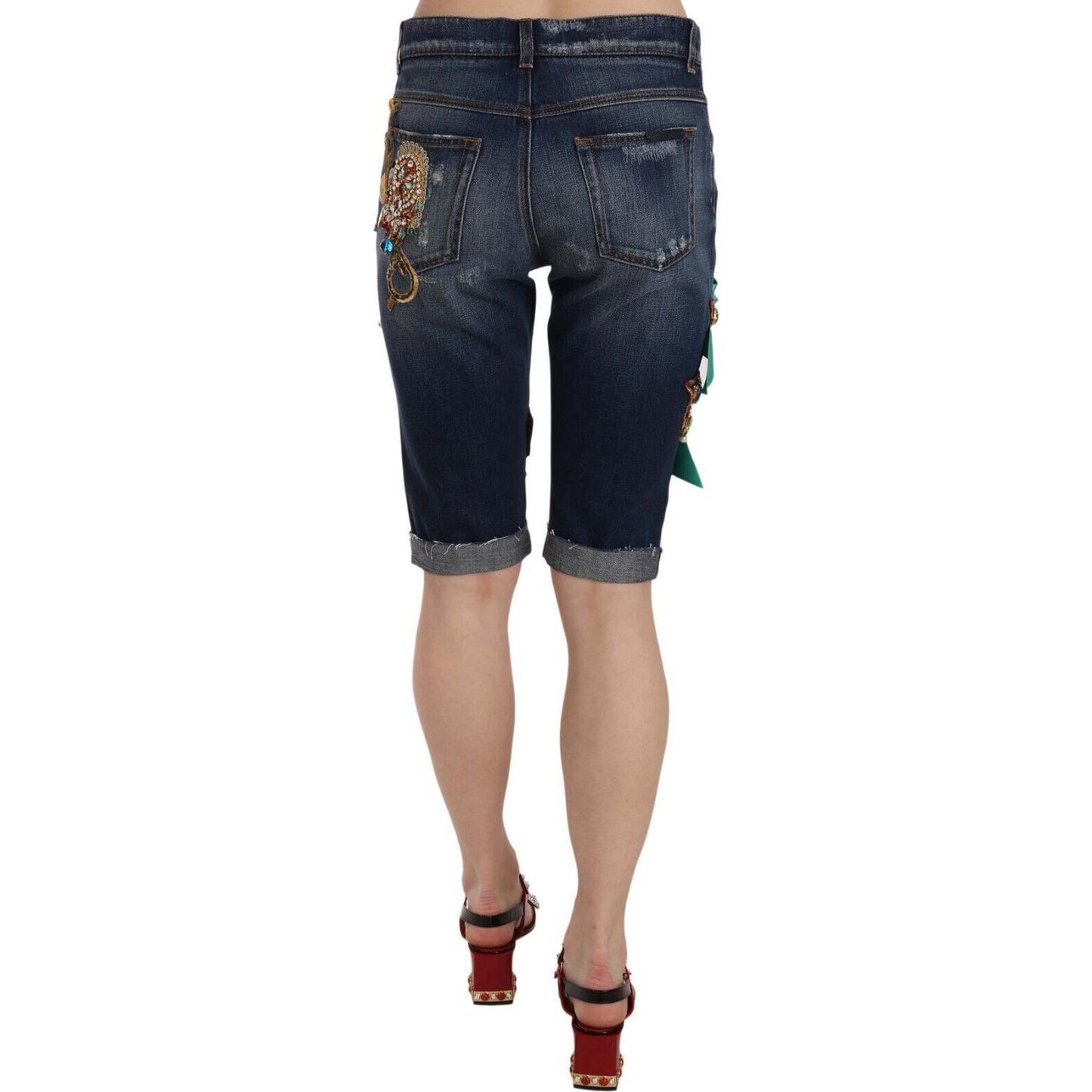 Elegant Knee-Length Embellished Denim Shorts