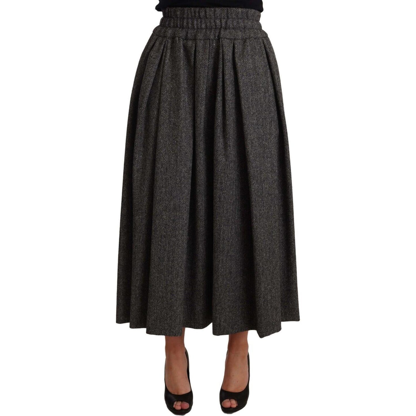 Elegant A-Line Midi Wool Skirt in Gray Zigzag