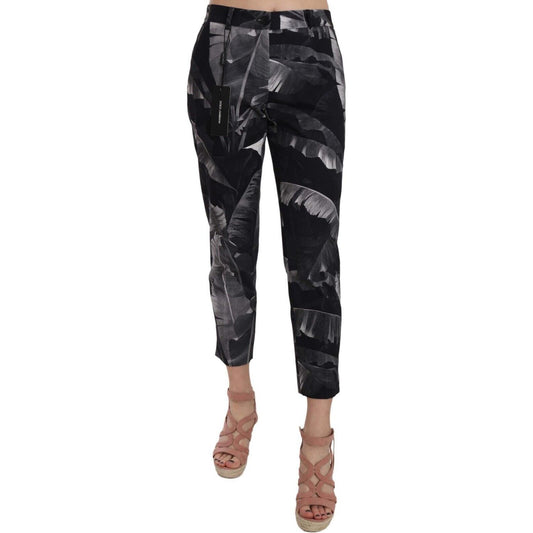 Elegant Black Banana Leaf Print Capri Pants