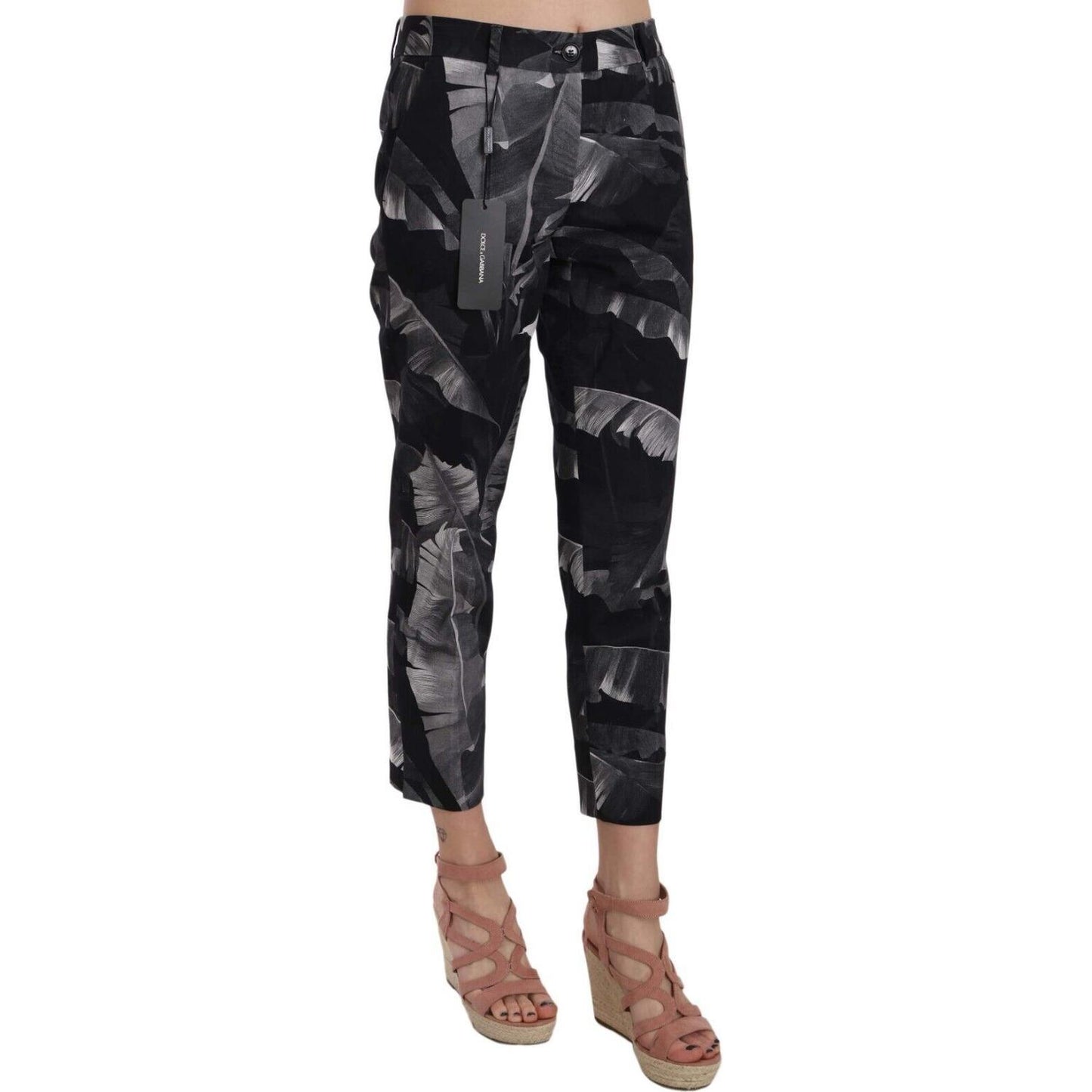 Elegant Black Banana Leaf Print Capri Pants