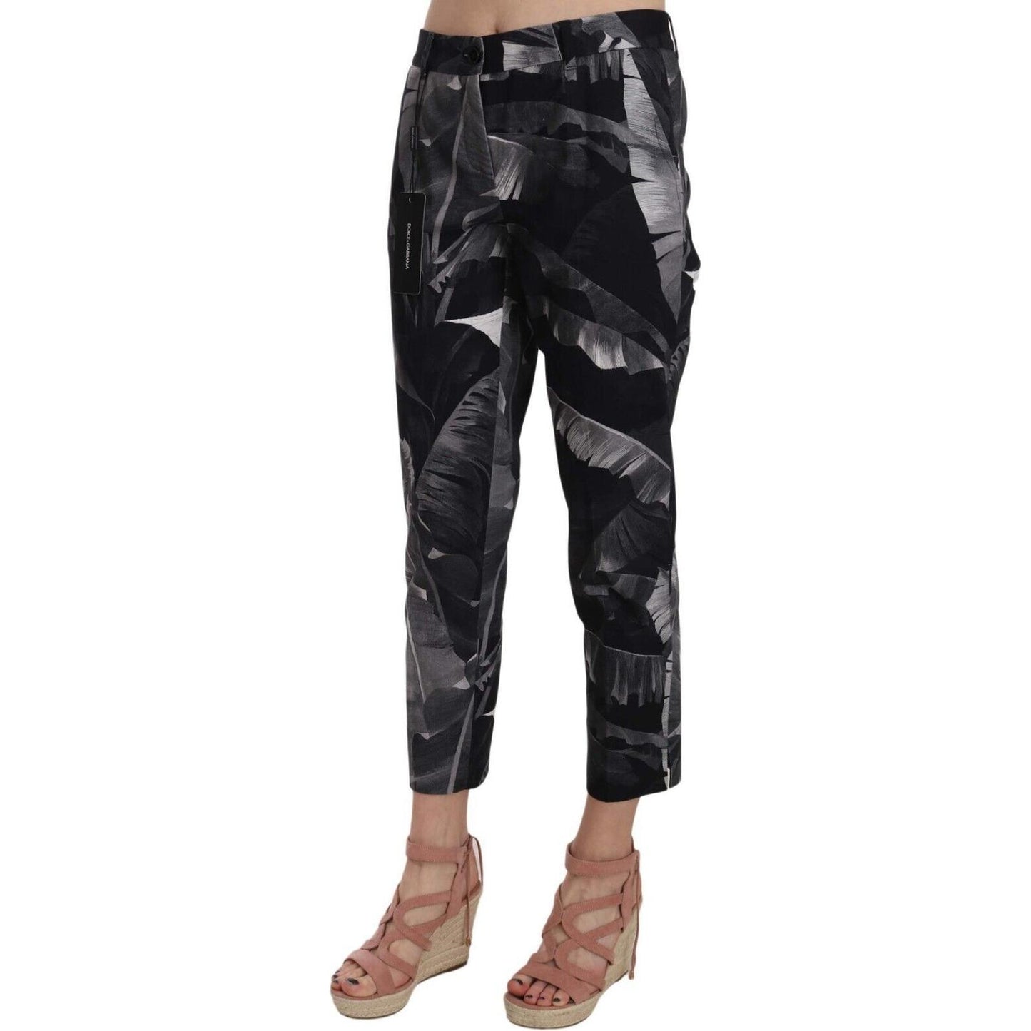 Elegant Black Banana Leaf Print Capri Pants