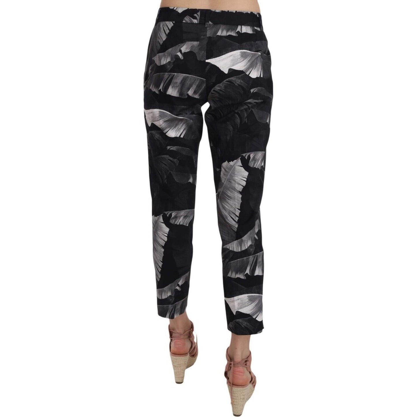 Elegant Black Banana Leaf Print Capri Pants