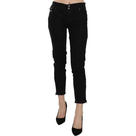 Chic Black Mid Waist Slim Cropped Jeans