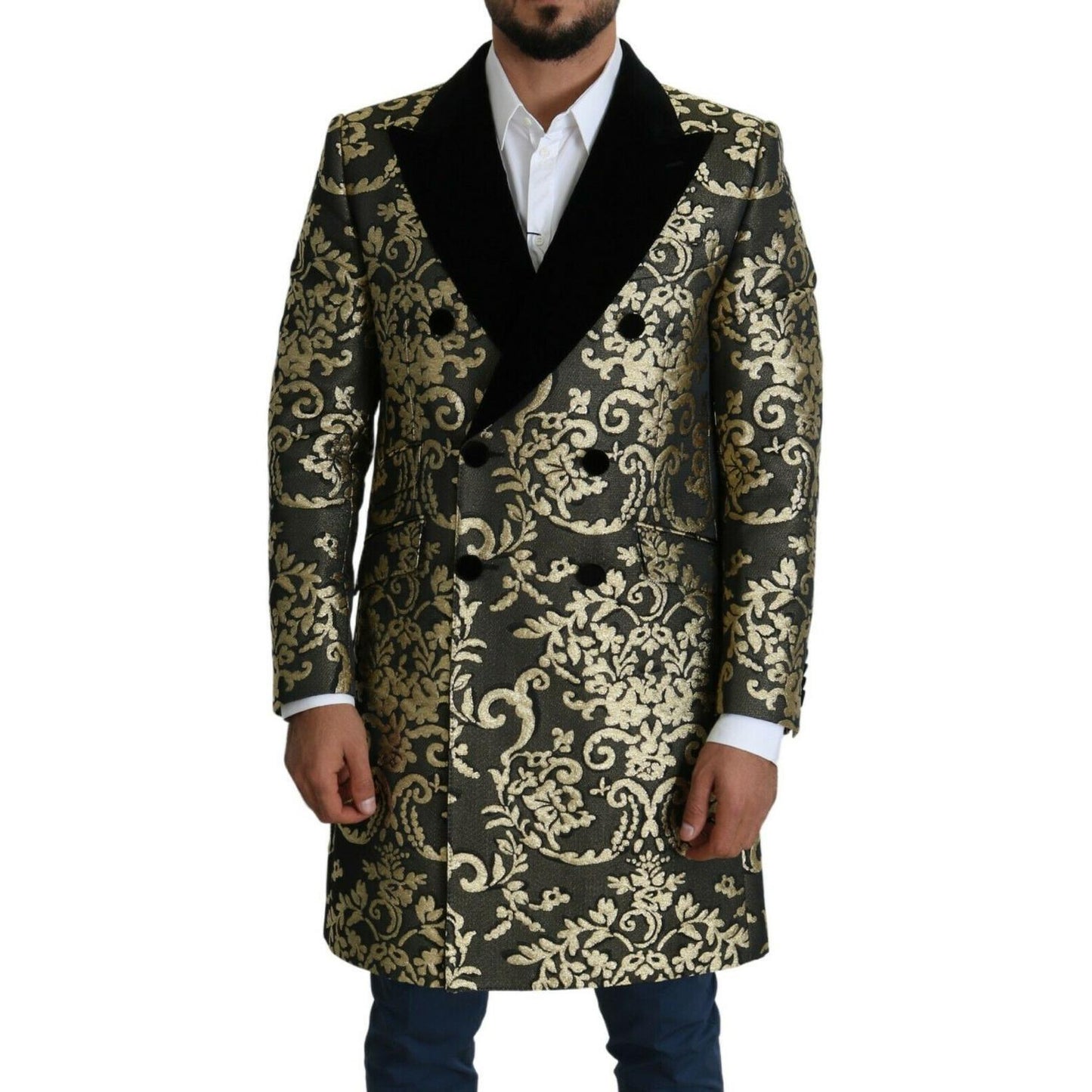 Gold Black Sicilia Jacquard Double-Breasted Coat