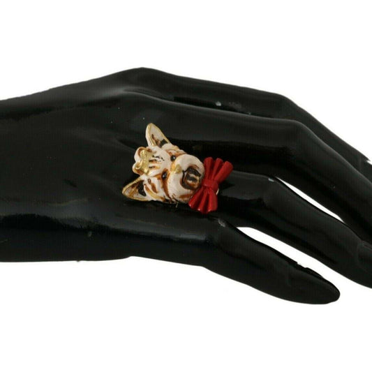 Dolce & Gabbana Beige Dog Pet Branded Accessory Gold Brass Resin Ring Ring