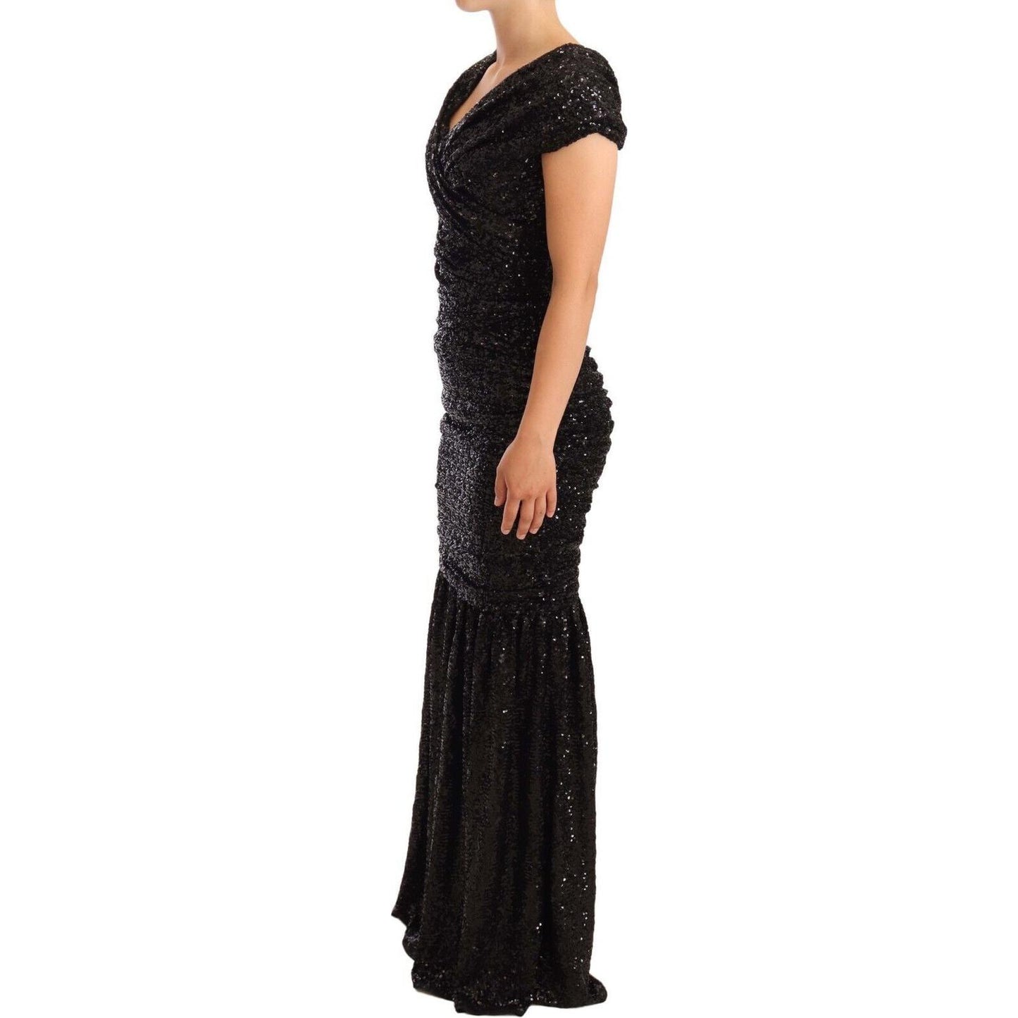 Elegant Black Sequined Open Shoulder Gown