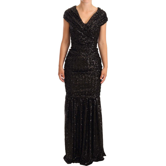 Dolce & Gabbana Black Sequined Open Shoulder Long Gown Dress Dolce & Gabbana