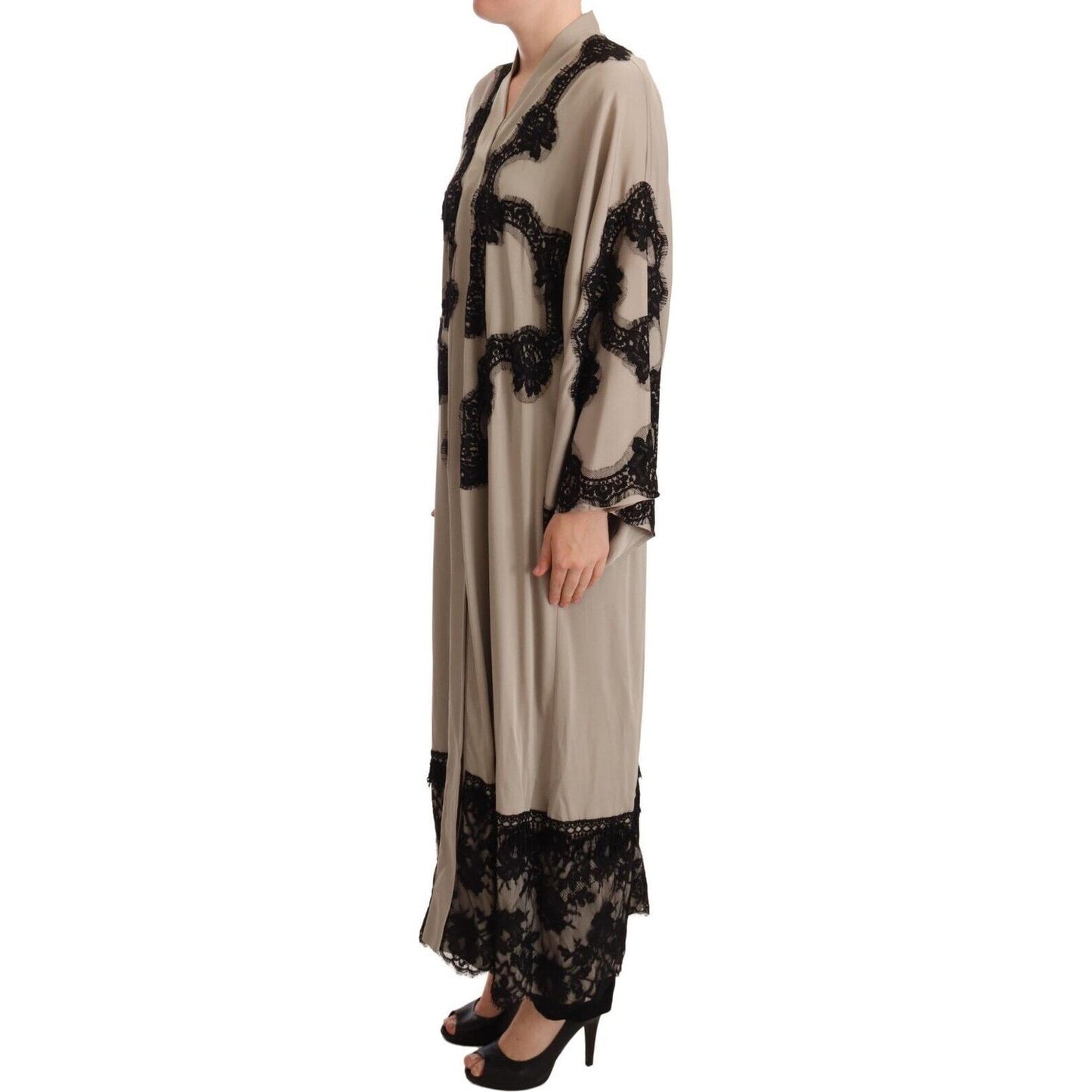 Elegant Beige Embroidered Lace Kaftan Dress