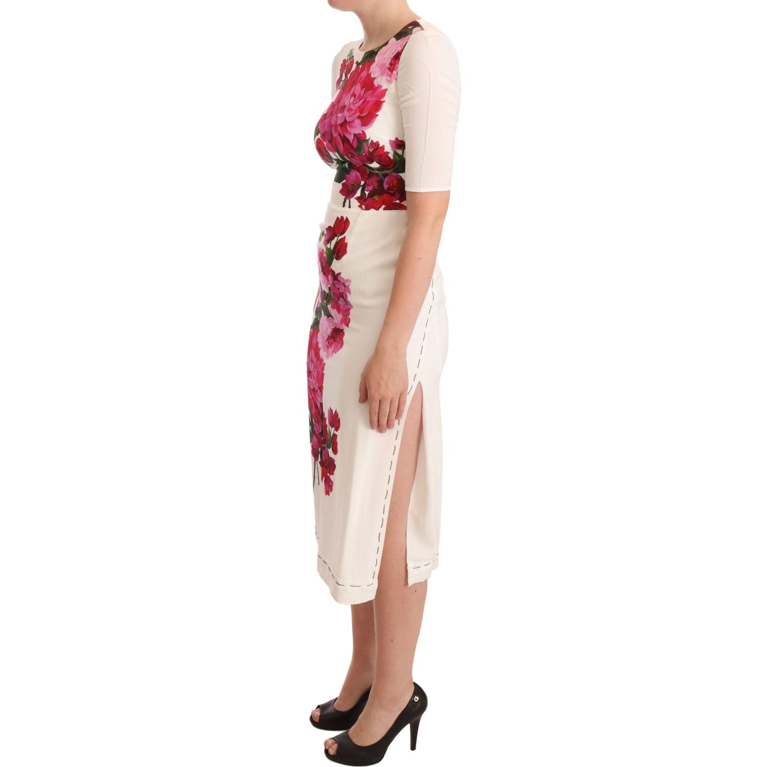 Dolce & Gabbana White Floral Printed Crepe Midi Slit Dress