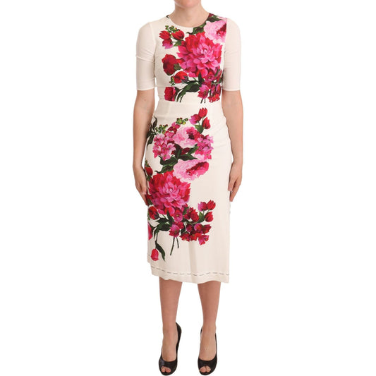 Dolce & Gabbana White Floral Printed Crepe Midi Slit Dress Dolce & Gabbana