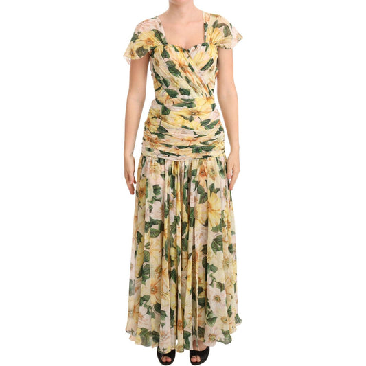 Floral Elegance Silk Pleated Maxi Dress