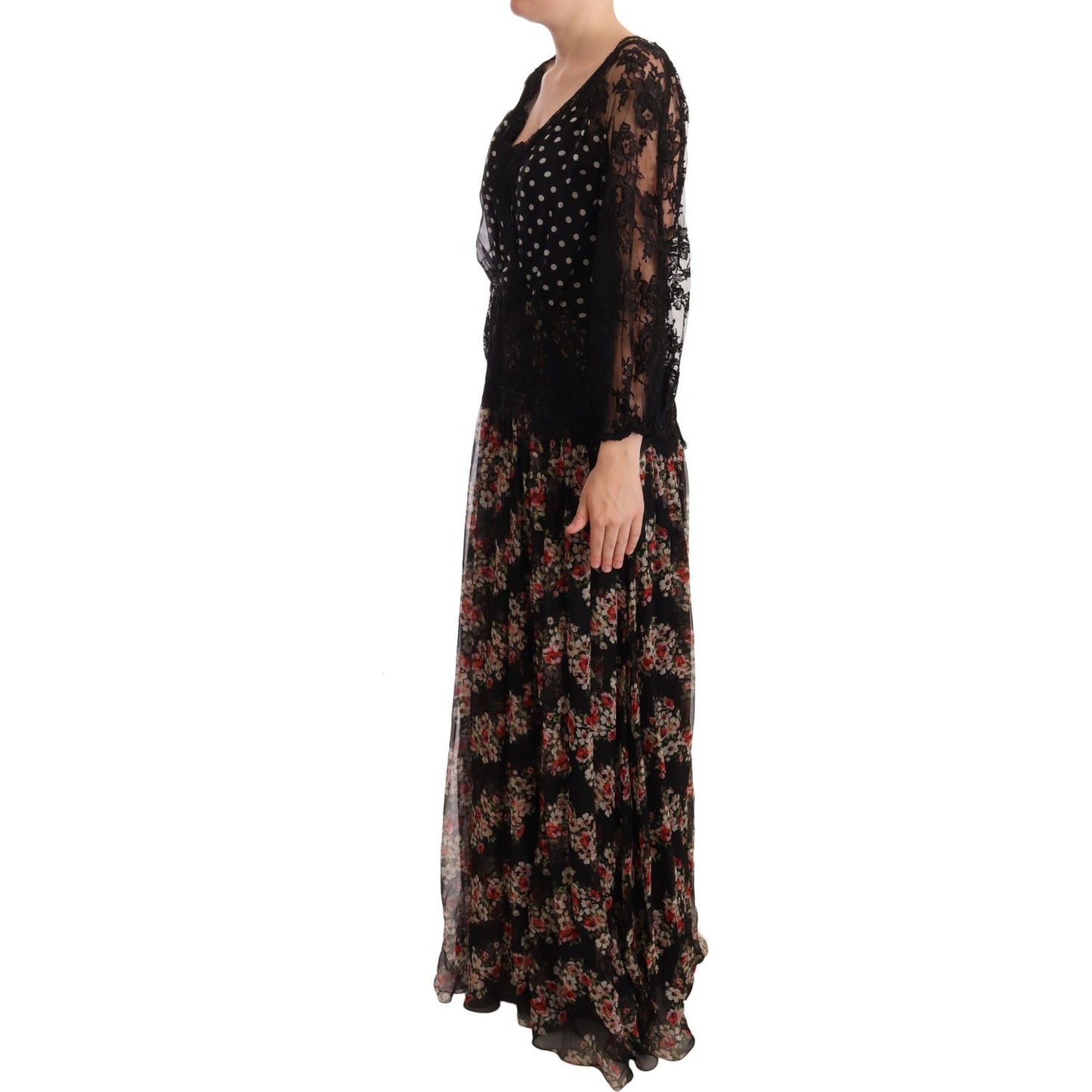 Elegant Lace Floral Maxi Dress with Polka Dots