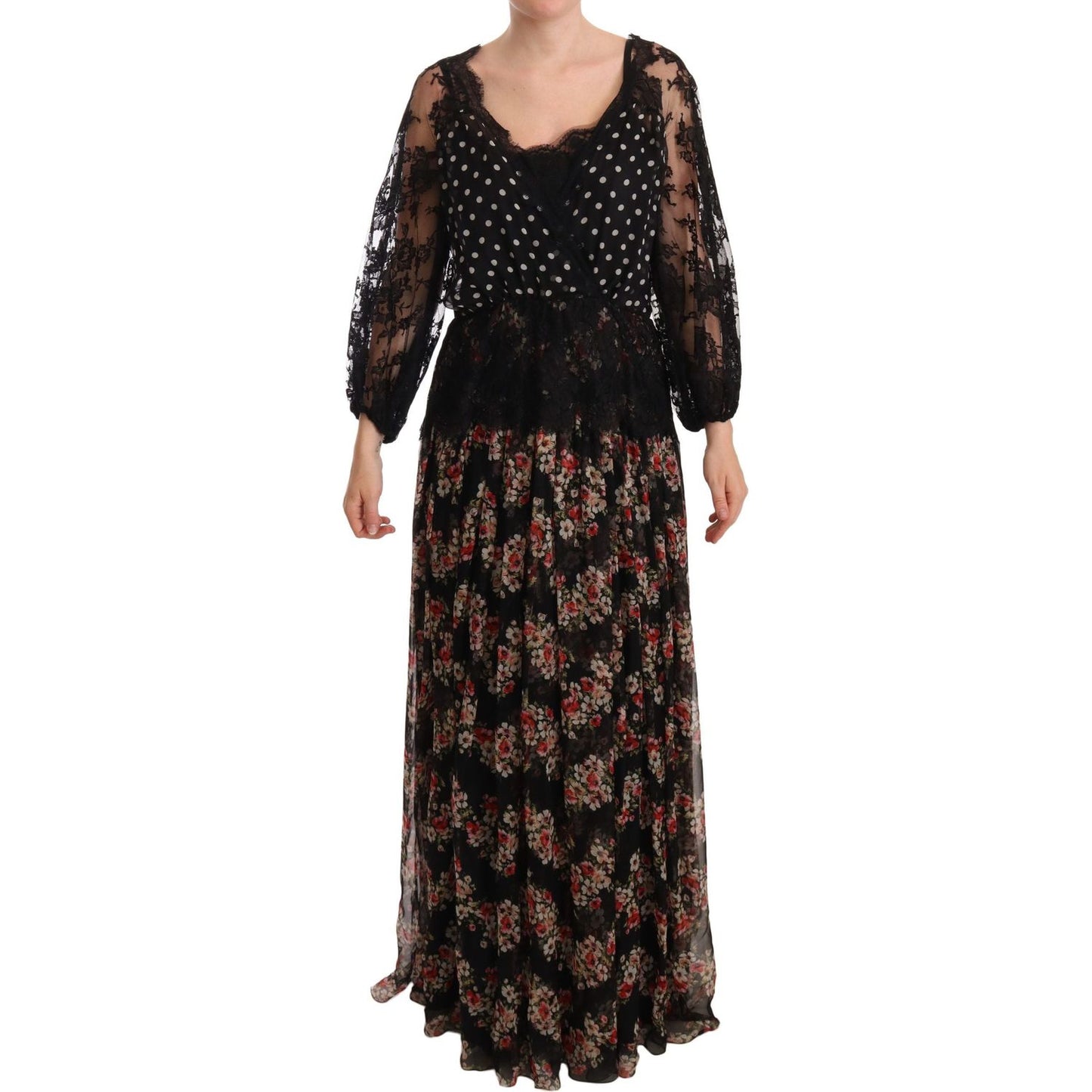 Elegant Lace Floral Maxi Dress with Polka Dots