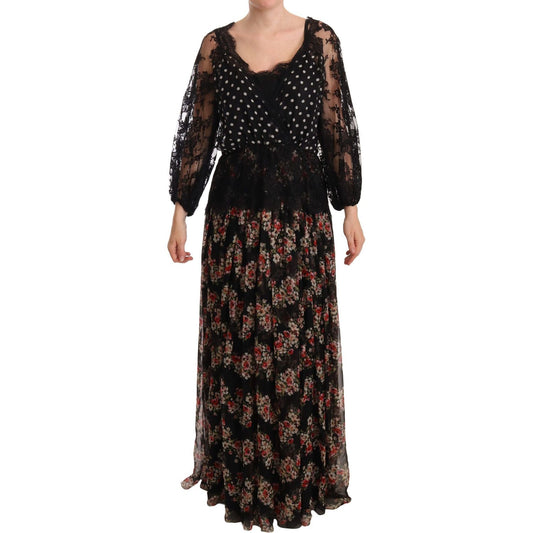 Elegant Lace Floral Maxi Dress with Polka Dots