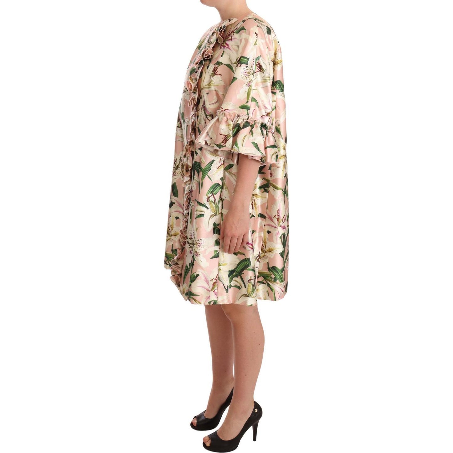 Elegant Floral Ruffled Silk Long Coat