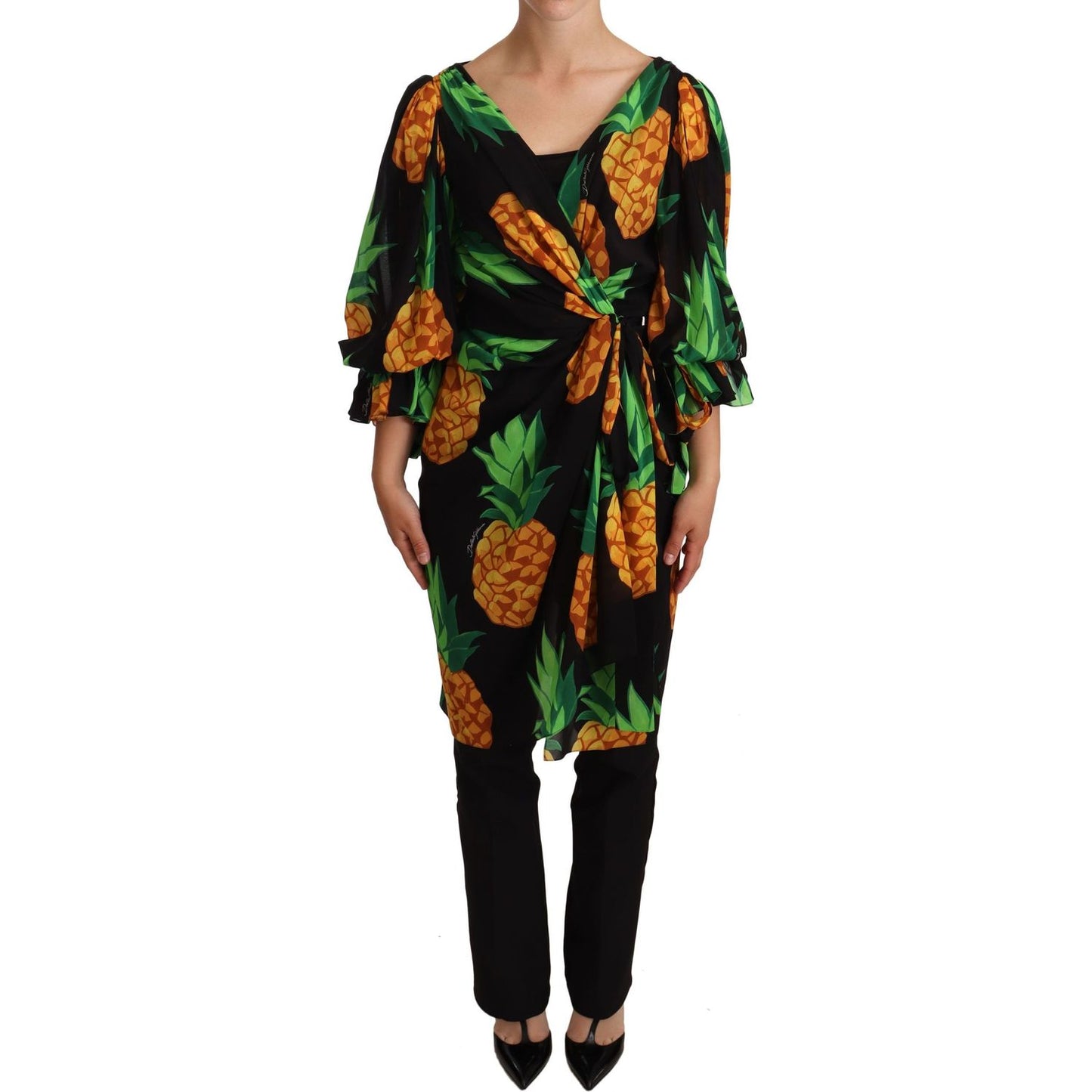 Vibrant Pineapple Draped Wrap Dress