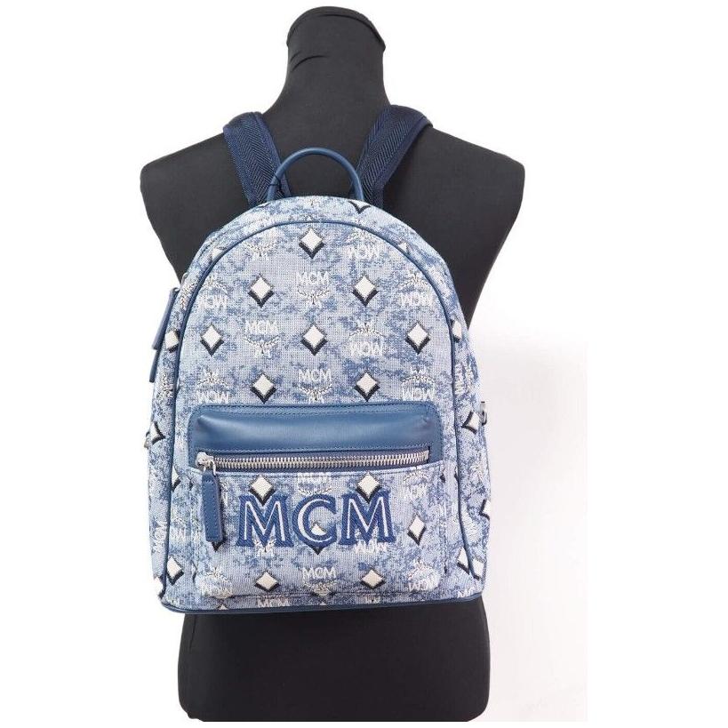 Stark Small Blue Vintage Jacquard Monogram Logo Fabric Backpack Bookbag