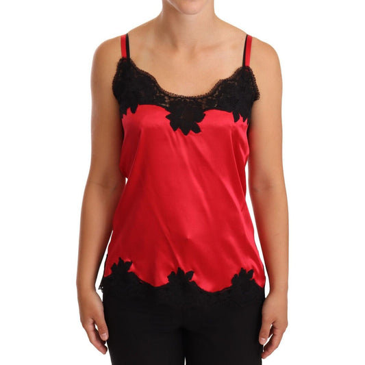 Silk Blend Lace-Trim Camisole in Red & Black