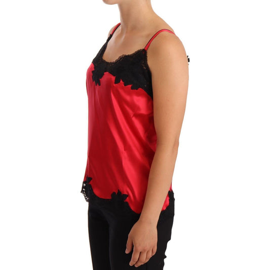 Silk Blend Lace-Trim Camisole in Red & Black