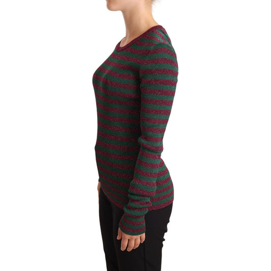 Elegant Maroon and Green Striped Crewneck Sweater