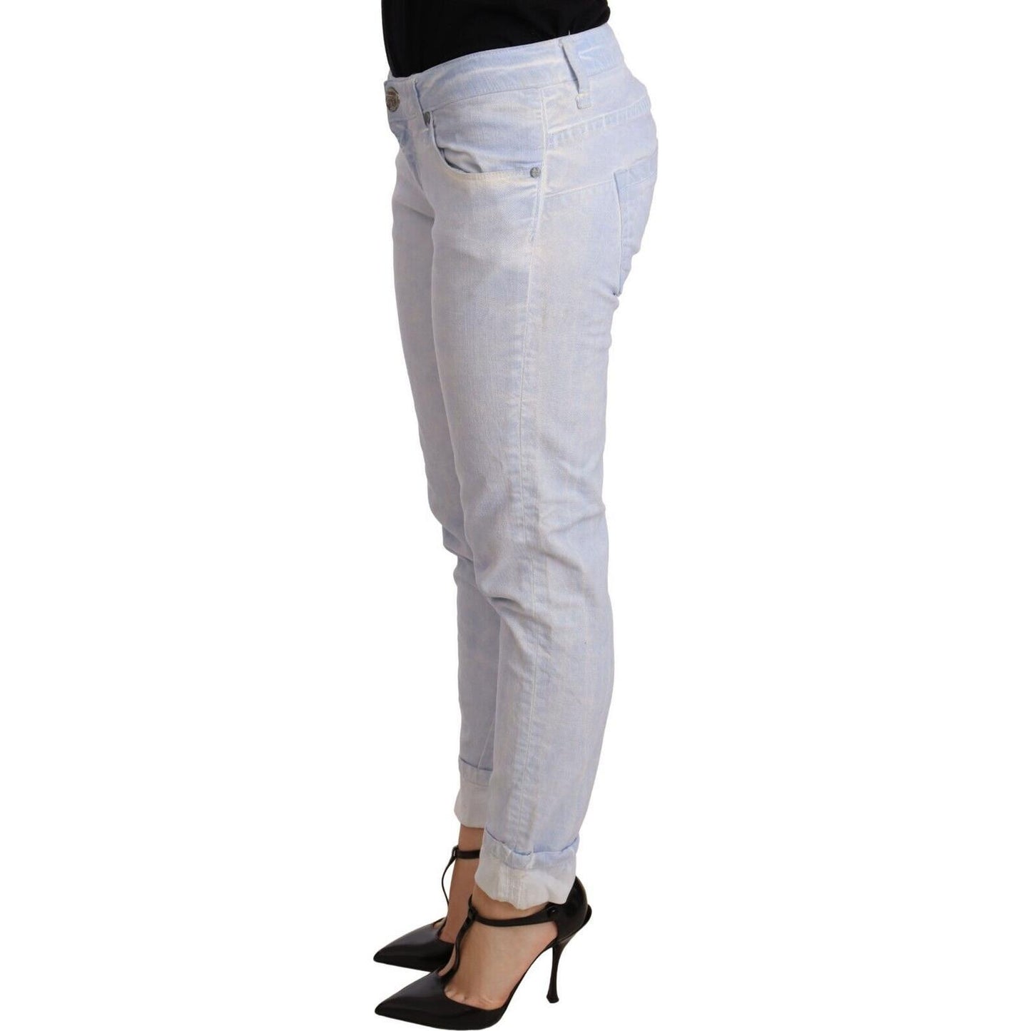 Acht Light Blue Cotton Folded Hem Denim Skinny Women Trouser Jeans