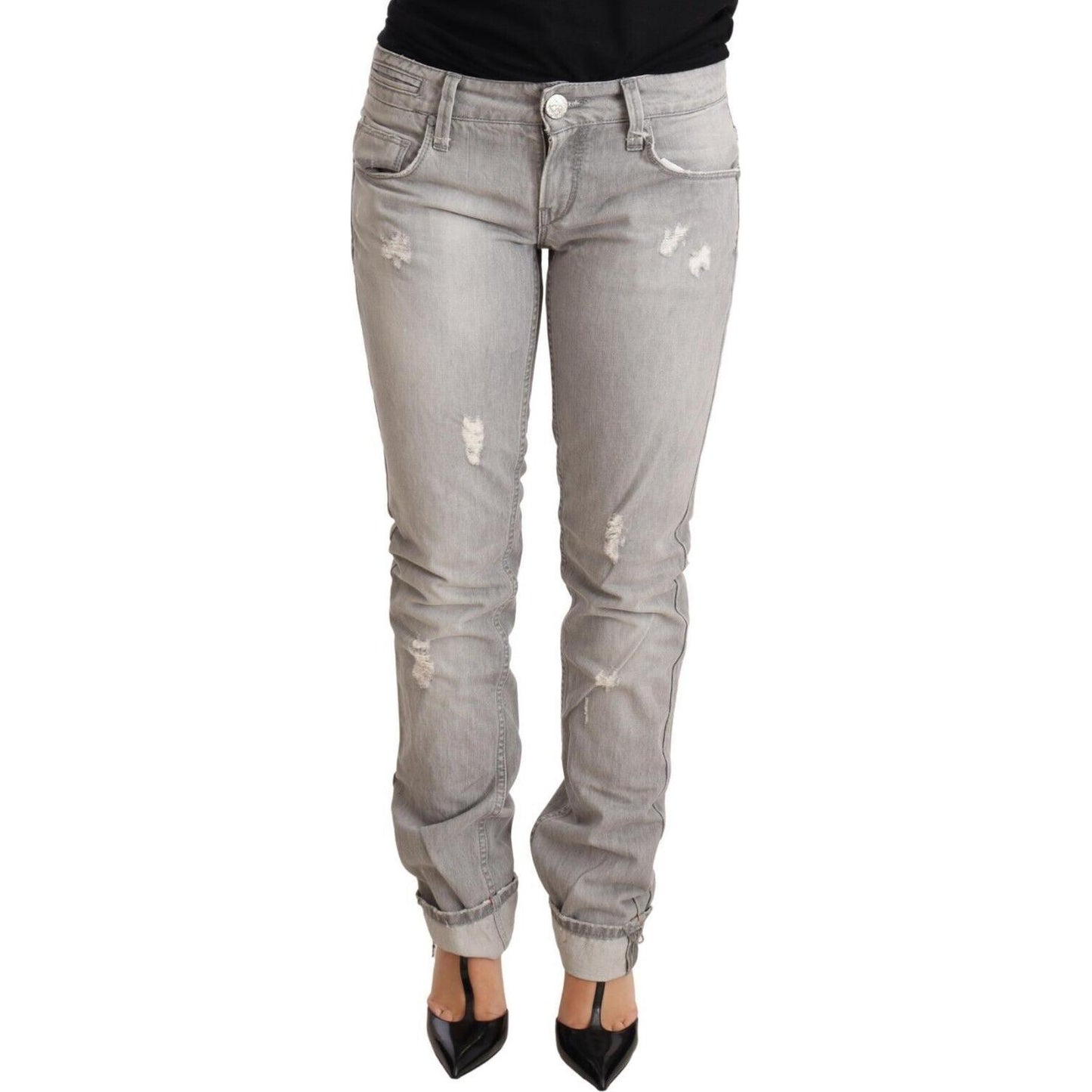 Acht Gray Tattered Cotton Slim Fit Folded Hem Women Denim Jeans