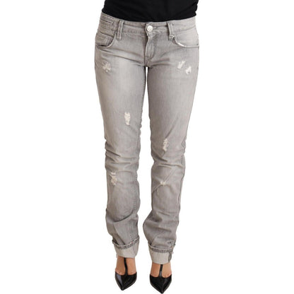 Acht Gray Tattered Cotton Slim Fit Folded Hem Women Denim Jeans